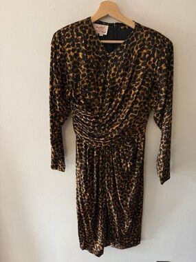 Oscar de la Renta Black and Gold Leopard-Print Long-Sleeve Draped Dress